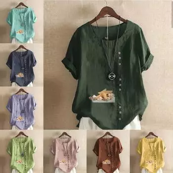 Женская модная футболка с круглым вырезом и коротким рукавом, повседневная рубашка из хлопка и льна с рисунком, свободная летняя блузка с принтом в виде морской звезды, топы S розовый