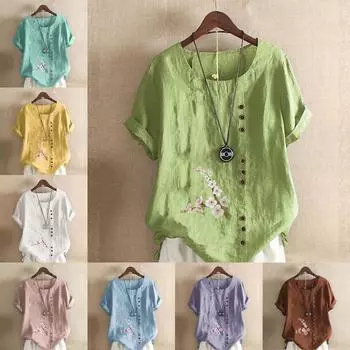 Женская модная футболка с круглым вырезом и коротким рукавом, повседневная рубашка из хлопка и льна с рисунком, свободная летняя блузка с принтом в виде сливового дерева, топы S розовый