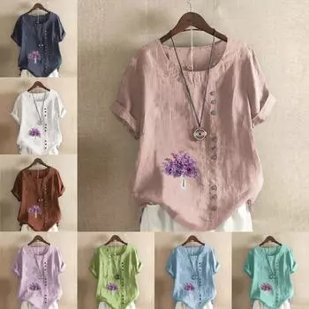 Женская модная футболка с круглым вырезом и коротким рукавом, повседневная рубашка из хлопка и льна с принтом, летняя блузка с принтом лавандового цвета, топы больших размеров S розовый