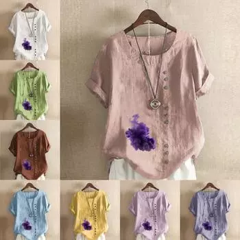 Женская модная футболка с круглым вырезом и коротким рукавом, повседневная рубашка из хлопка и льна с рисунком, свободная фиолетовая летняя блузка с газовым принтом, топы S розовый