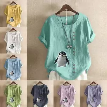 Женская модная футболка с круглым вырезом и коротким рукавом с принтом пингвина, повседневная рубашка из хлопка и льна с рисунком, свободная летняя блузка для отдыха, топы S розовый