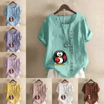 Женская модная футболка с круглым вырезом и коротким рукавом, повседневная рубашка из хлопка и льна с рисунком, свободная летняя блузка с принтом пингвина, топы S розовый