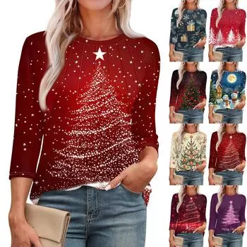 Женская модная футболка с круглым вырезом и рукавом 3/4 с рождественскими принтами, повседневная базовая плиссированная футболка-пуловер L фиолетовый