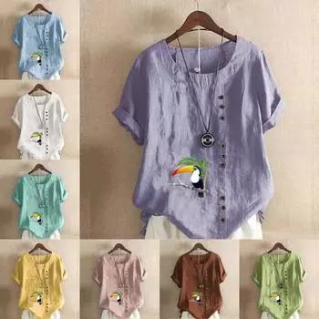 Женская модная футболка с круглым вырезом и коротким рукавом с принтом птиц, повседневная хлопково-льняная рубашка с рисунком, свободная летняя блузка для отдыха, топы S розовый