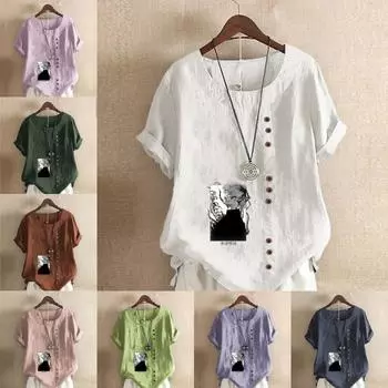 Женская модная футболка с круглым вырезом и короткими рукавами с принтом героев мультфильмов, повседневная хлопково-льняная рубашка с рисунком, свободная летняя блузка для отдыха, топы S розовый