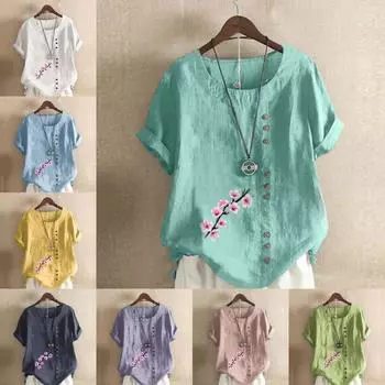 Женская модная футболка с круглым вырезом и коротким рукавом, повседневная хлопковая льняная рубашка с графическим принтом, свободная летняя блузка с цветочным принтом, топы S розовый