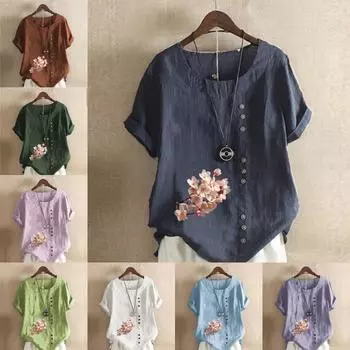 Женская модная футболка с круглым вырезом и коротким рукавом с принтом «цветок сливы», повседневная рубашка из хлопка и льна с рисунком, свободная летняя блузка для отдыха, топы S розовый