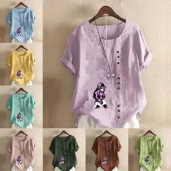 Женская модная футболка с круглым вырезом и коротким рукавом, повседневная рубашка из хлопка и льна с рисунком, свободная летняя блузка для школьниц с принтом, топы S розовый