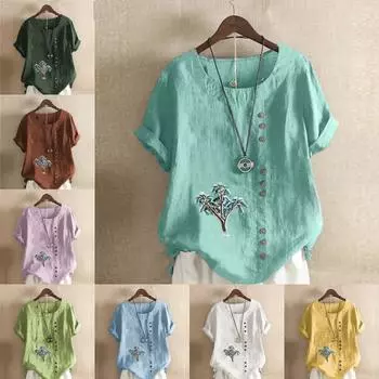 Женская модная футболка с круглым вырезом и коротким рукавом с принтом дерева, повседневная хлопково-льняная рубашка с рисунком, свободная летняя блузка для отдыха, топы S розовый