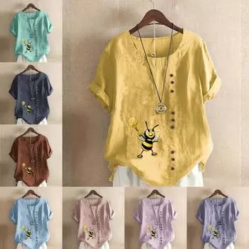 Женская модная футболка с круглым вырезом и коротким рукавом, повседневная рубашка из хлопка и льна с принтом, свободная летняя блузка с принтом медоносной пчелы, топы S розовый