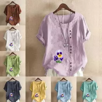 Женская модная футболка с круглым вырезом и коротким рукавом, повседневная хлопковая льняная рубашка с рисунком, свободная летняя блузка с принтом фиолетовых цветов для отдыха, топы S розовый