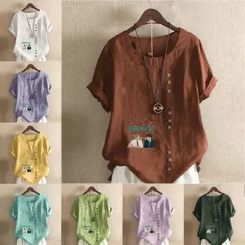 Женская модная футболка с круглым вырезом и коротким рукавом, повседневная хлопковая льняная рубашка с рисунком, свободная мужская блузка с принтом, топы S розовый