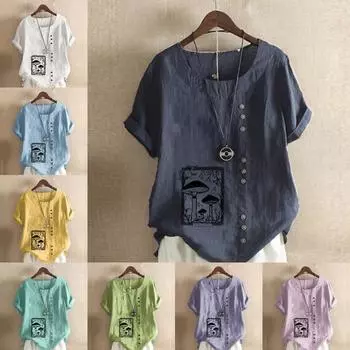 Женская модная футболка с круглым вырезом и коротким рукавом, повседневная рубашка из хлопка и льна с рисунком, свободная летняя блузка с принтом грибов, топы S розовый