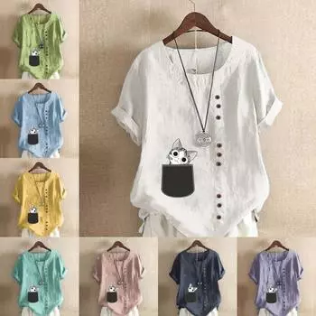 Женская модная футболка с круглым вырезом и коротким рукавом, повседневная хлопковая льняная рубашка с рисунком, свободная летняя блузка с карманом и принтом кота для отдыха, топы S розовый