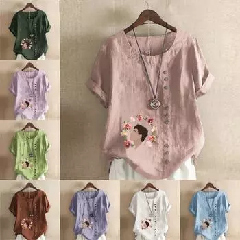 Женская модная футболка с круглым вырезом и коротким рукавом, повседневная хлопковая льняная рубашка с рисунком, свободная мужская летняя блузка с принтом, топы S розовый