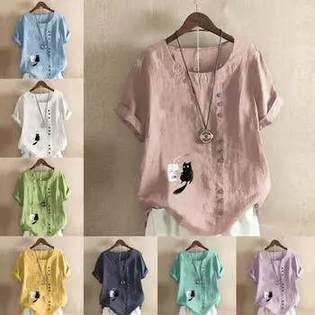 Женская модная футболка с круглым вырезом и коротким рукавом, повседневная хлопковая льняная рубашка с рисунком, черно-белая летняя блузка с принтом кота, топы больших размеров S розовый