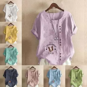 Женская модная футболка с круглым вырезом и коротким рукавом, повседневная рубашка из хлопка и льна с рисунком, свободная летняя блузка с принтом «собака», топы S розовый