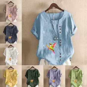 Женская модная футболка с круглым вырезом и коротким рукавом с принтом птиц, повседневная хлопково-льняная рубашка с рисунком, свободная летняя блузка для отдыха, топы S розовый