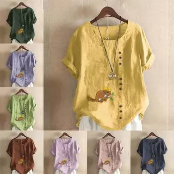 Женская модная футболка с круглым вырезом и коротким рукавом, повседневная рубашка из хлопка и льна с рисунком, свободная летняя блузка с принтом сурка, топы S розовый