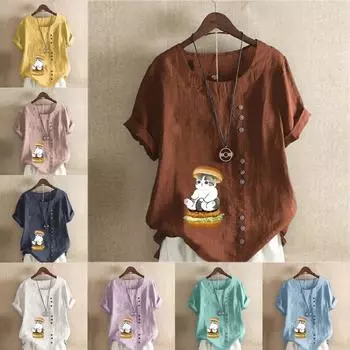 Женская модная футболка с круглым вырезом и принтом кота, повседневная хлопково-льняная рубашка с рисунком, свободная летняя блузка для отдыха, топы S розовый