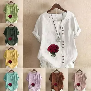 Женская модная футболка с круглым вырезом и коротким рукавом с принтом роз, повседневная рубашка из хлопка и льна с рисунком, свободная летняя блузка для отдыха, топы S розовый