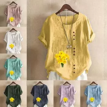 Женская модная футболка с круглым вырезом и коротким рукавом, повседневная хлопковая льняная рубашка с графическим принтом, свободная летняя блузка с цветочным принтом, топы S розовый