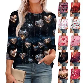 Женская модная футболка с круглым вырезом и рукавом 3/4 с принтом, повседневная, базовая, плиссированная, пуловер XXXL