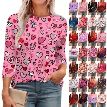 Женская модная футболка с круглым вырезом и рукавом 3/4 с принтом, повседневная, базовая, плиссированная, пуловер XXXL красный