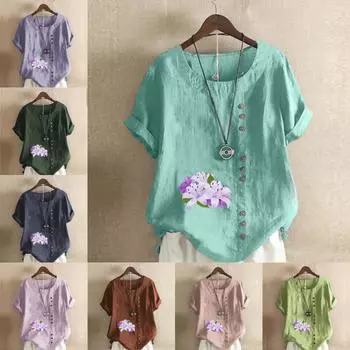 Женская модная футболка с круглым вырезом и коротким рукавом, повседневная хлопковая льняная рубашка с рисунком, свободная летняя блузка с цветочным принтом для отдыха, топы S розовый