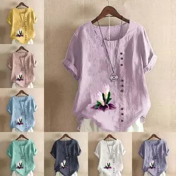 Женская модная футболка с круглым вырезом и коротким рукавом, повседневная хлопковая льняная рубашка с графическим принтом, свободная летняя блузка с цветочным принтом, топы S розовый