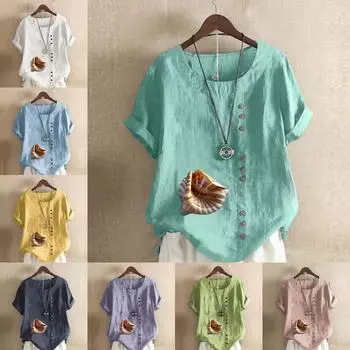 Женская модная футболка с круглым вырезом и коротким рукавом, повседневная хлопковая льняная рубашка с рисунком, летняя блузка с принтом «ракушка», топы больших размеров S розовый