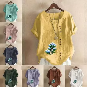 Женская модная футболка с круглым вырезом и коротким рукавом с принтом дерева, повседневная рубашка из хлопка и льна с графическим принтом, свободная летняя блузка, топы больших размеров S розовый