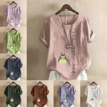 Женская модная футболка с круглым вырезом и коротким рукавом, повседневная хлопковая льняная рубашка с графическим принтом для отдыха, летняя блузка с принтом в виде персонажей мультфильмов S розовый