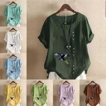 Женская модная футболка с круглым вырезом и коротким рукавом с принтом орла, повседневная хлопково-льняная рубашка с рисунком, свободная летняя блузка для отдыха, топы S розовый