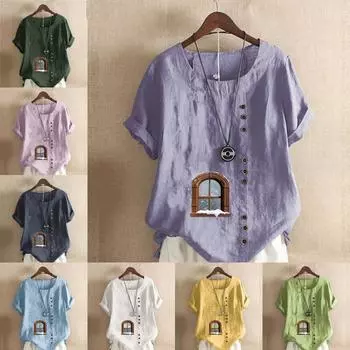 Женская модная футболка с круглым вырезом и коротким рукавом, повседневная хлопковая льняная рубашка с рисунком, свободная летняя блузка с принтом и окошком, топы S розовый