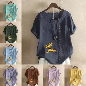 Женская модная футболка с круглым вырезом и коротким рукавом с принтом бабочки, повседневная хлопково-льняная рубашка с рисунком, свободная летняя блузка для отдыха, топы S розовый