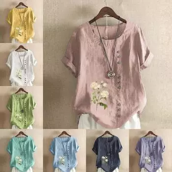 Женская модная футболка с круглым вырезом и коротким рукавом с принтом роз, повседневная рубашка из хлопка и льна с рисунком, свободная летняя блузка для отдыха, топы S розовый