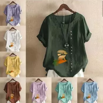 Женская модная футболка с круглым вырезом и коротким рукавом, повседневная хлопковая льняная рубашка с принтом кролика, летняя блузка, топы S розовый