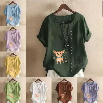 Женская модная футболка с круглым вырезом и коротким рукавом, повседневная хлопковая льняная рубашка с рисунком, свободная летняя блузка с принтом для отдыха с милой собакой, топы S розовый