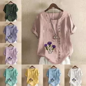 Женская модная футболка с круглым вырезом и коротким рукавом, повседневная рубашка из хлопка и льна с узором, летняя блузка с принтом в виде цветов, топы S розовый
