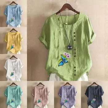 Женская модная футболка с круглым вырезом и коротким рукавом, повседневная хлопково-льняная рубашка с рисунком, летняя блузка с принтом бабочек, топы, большие размеры S розовый