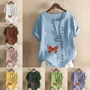 Женская модная футболка с круглым вырезом и коротким рукавом, повседневная хлопково-льняная рубашка с рисунком, летняя блузка с принтом бабочек, топы, большие размеры S розовый