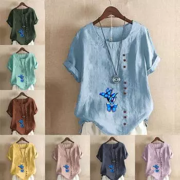 Женская модная футболка с круглым вырезом и коротким рукавом с принтом бабочки, повседневная хлопково-льняная рубашка с рисунком, свободная летняя блузка для отдыха, топы S розовый