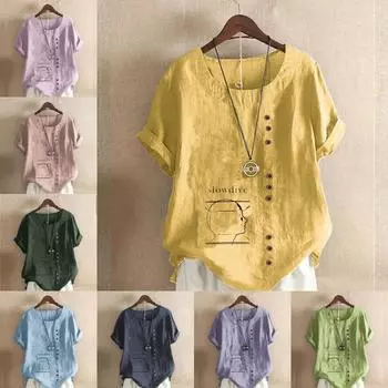 Женская модная футболка с круглым вырезом и коротким рукавом, повседневная хлопковая льняная рубашка с рисунком, свободная летняя блузка с принтом и принтом S розовый