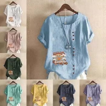 Женская модная футболка с круглым вырезом и коротким рукавом, повседневная хлопковая льняная рубашка с рисунком, свободная летняя блузка с принтом «солнце и цветы» для отдыха, топы S розовый