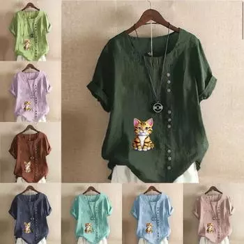 Женская модная футболка с круглым вырезом и коротким рукавом, повседневная хлопково-льняная рубашка с рисунком, свободная летняя блузка с принтом кота для отдыха, топы S розовый