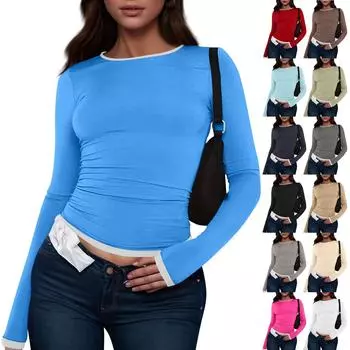 Женская модная футболка с круглым вырезом и длинными рукавами в стиле колор-блокинг M бежевый