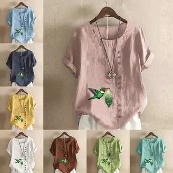Женская модная футболка с круглым вырезом и коротким рукавом с принтом птиц, повседневная хлопково-льняная рубашка с рисунком, свободная летняя блузка для отдыха, топы S розовый