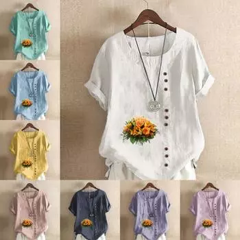 Женская модная футболка с круглым вырезом и коротким рукавом, повседневная рубашка из хлопка и льна с рисунком, свободная летняя блузка с принтом в виде букета цветов S розовый