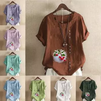 Женская модная футболка с круглым вырезом и коротким рукавом, повседневная рубашка из хлопка и льна с рисунком, свободная летняя блузка с принтом китайского боярышника, топы S розовый